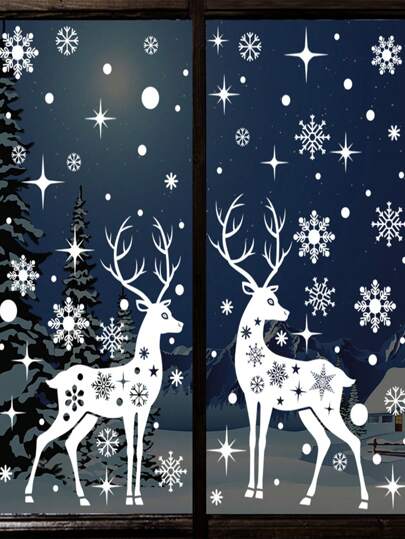 Thickened Cartoon Static Cling Stickers With 2pcs White Reindeers & Elements,Stickers,Wall Decal, Vinyl Decal For Home Decorations,Spring Decoration Items Refresh Your Home,Rama Decoration Stickers Christmas Decorations Room Decor Christmas