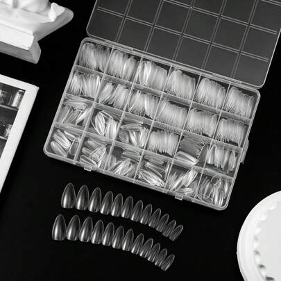 棺材式假指甲504pcs - 長型芭蕾舞者透明杏仁形圓指甲贴，適用於全覆蓋預製壓克力假指甲藝術，家居DIY美甲沙龍美甲用品