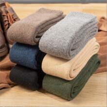 1 双男士混合暖腿袜，厚实保暖内衬，商务风格黑色，及膝袜，适合秋冬季 - 咖啡棕 - 查看 2