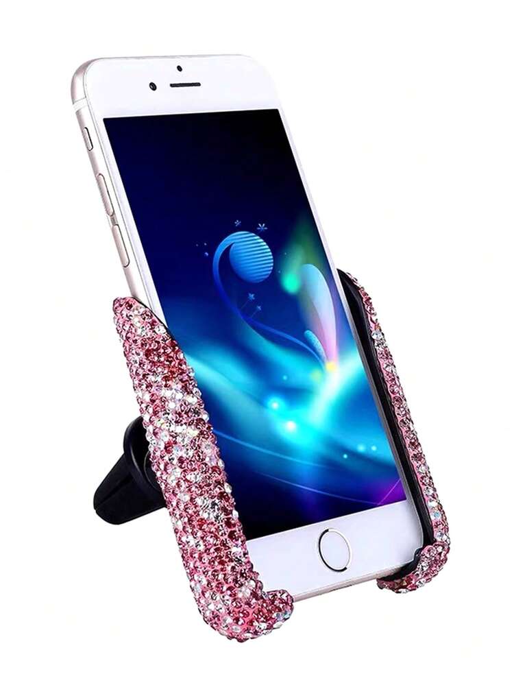 Car-Mounted Diamond-Studded Phone Holder, Air Vent Navigation, Multi-Purpose, Air Outlet, Wireless Charging Support - Pink - View 3
