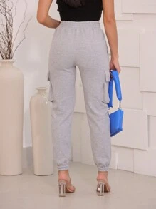 SHEIN Calça Cargo/ Moletom Feminina Jogger/ com Bolso Lateral/com Cordão /Algodão. - Cinza - Visão 2
