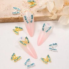 10 件金色和银色蝴蝶形金属美甲耳钉，配蓝色水钻