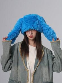 1pc Ladies' Blue Plush Long Ear Cap Funny & Creative Hat, Winter, Great For Daily Wear - Royal Blue - View 4