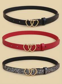3 chiếc thắt lưng trẻ em mới có khóa trái tim đôi, dây thắt lưng PU chất lượng cao cho quần jean, váy, phụ kiện thời trang - Nhiều màu - Xem 3