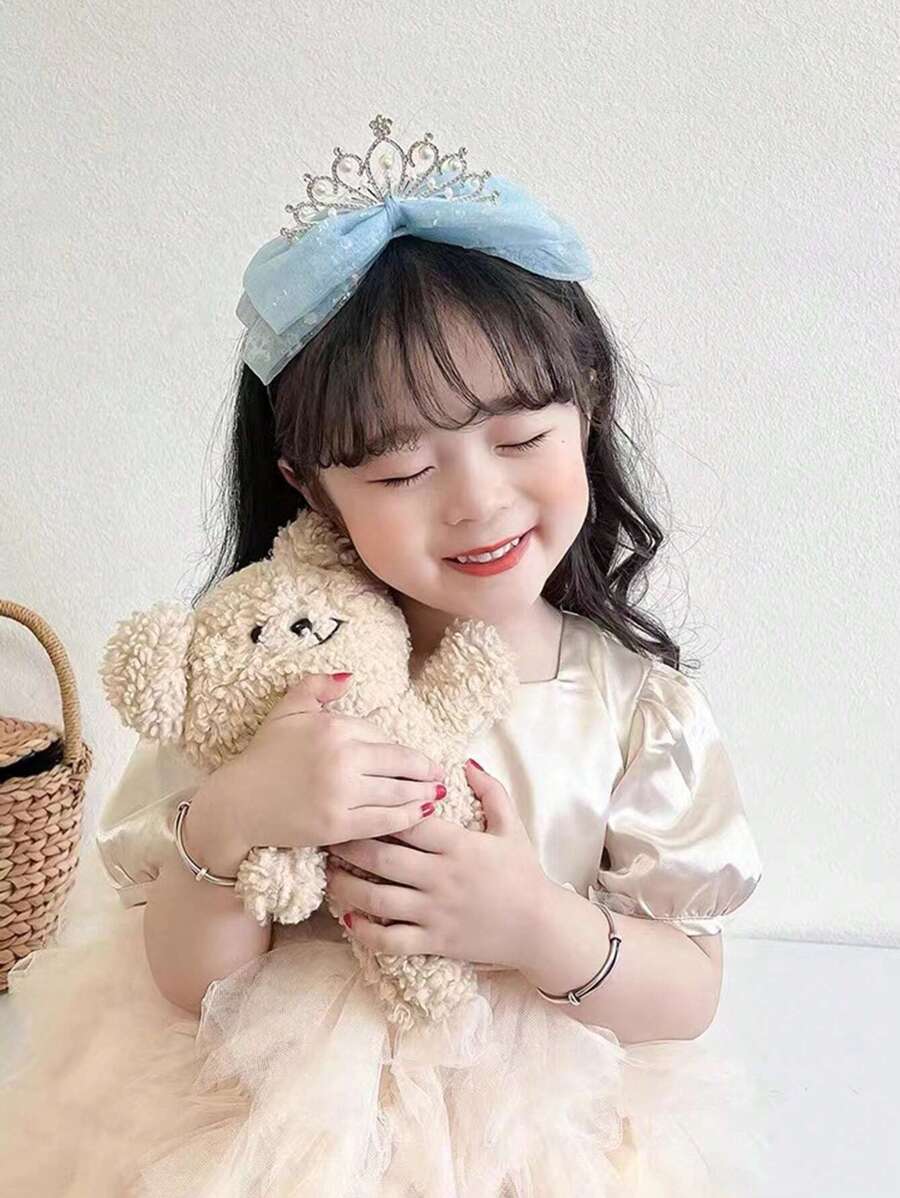 1pc Girls Rhinestone & Faux Pearl Crown & Bow Decor Glamorous Headband For Party - Blue - View 1