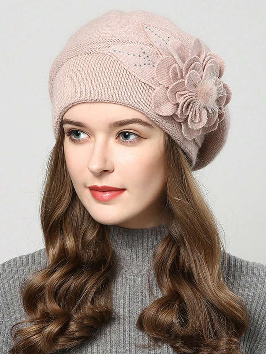 HIMESPORT 淺卡其色女性冬季帽子,針織帽子配兔毛、鑽石花朵,溫暖保暖女性帽子 - 卡其色 - 查看 1