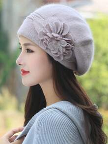 HIMESPORT 淺卡其色女性冬季帽子,針織帽子配兔毛、鑽石花朵,溫暖保暖女性帽子 - 卡其色 - 查看 2