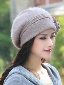 HIMESPORT 淺卡其色女性冬季帽子,針織帽子配兔毛、鑽石花朵,溫暖保暖女性帽子 - 卡其色 - 查看 3