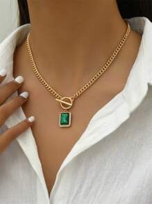 1 pieza Colgante de piedra preciosa rectangular verde vintage con cadena de color dorado y broche simple para collar de mujer - Adecuado para fiestas y uso diario con diseño único - Verde - Ver 2