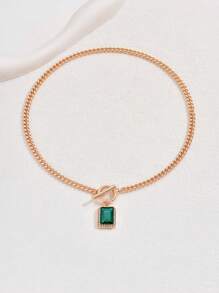 1 pieza Colgante de piedra preciosa rectangular verde vintage con cadena de color dorado y broche simple para collar de mujer - Adecuado para fiestas y uso diario con diseño único - Verde - Ver 3