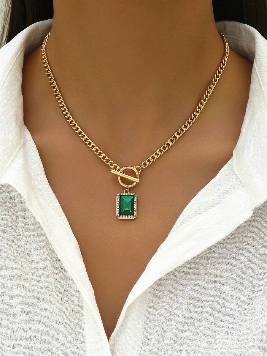1 pieza Colgante de piedra preciosa rectangular verde vintage con cadena de color dorado y broche simple para collar de mujer - Adecuado para fiestas y uso diario con diseño único - Verde - Ver 1