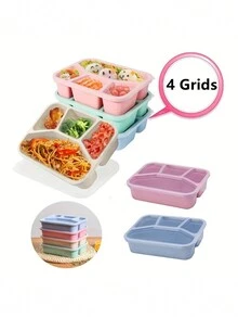 4 Grids Bento Box Student Meal Box, Microwave Heating Divided Grids with Lid Square Divided Grids Office Workers Fast Food Box - Pink - View 2
