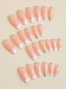 24pcs Long Almond Flower Print Fake Nail & 1pc Nail File & 1sheet Tape - White - View 3
