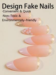 24pcs Long Almond Flower Print Fake Nail & 1pc Nail File & 1sheet Tape - White - View 4