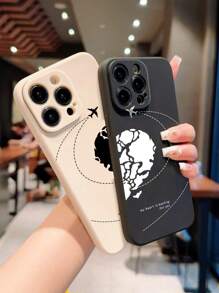 2pcs Matte Black & White Protective Soft Cases With Airplane & Heart Print For Couples, Fully Wrapped Anti-fall Phone Cover Compatible With Iphone - Multicolor - View 2