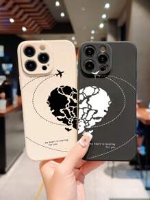 2pcs Matte Black & White Protective Soft Cases With Airplane & Heart Print For Couples, Fully Wrapped Anti-fall Phone Cover Compatible With Iphone - Multicolor - View 1