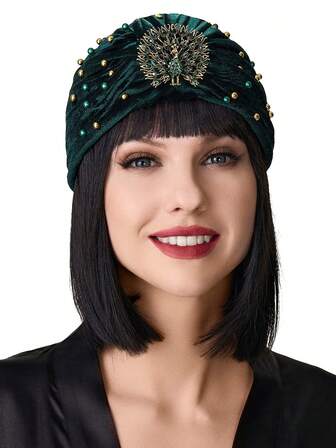 1 buc. Turban cu strasuri de păun, pălărie, vintage, anii 1920, Gatsby, tricot, tricot, plisat, șapcă pentru femei, verde, anii 20