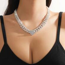 1pc Full Rhinestone Heart Pendant Necklace For Women, Perfect For Date Gift - Silver - View 1