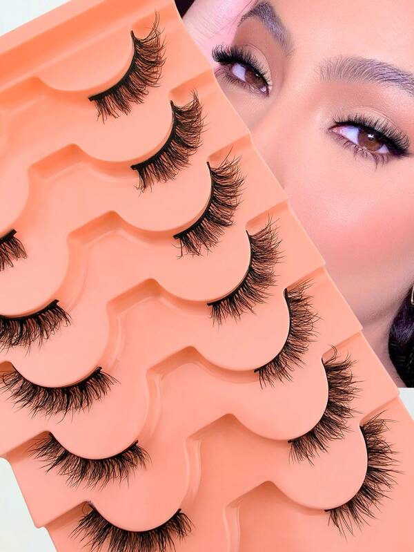 7 أزواج من رموش مستعارة كاملة 12 مم قصيرة ناعمة نصف رموش مستعارة من الفرو الاصطناعي بشكل عين القطة ذيل مطول شريط رموش مستعارة، رموش، رموش عين، رموش مستعارة