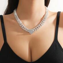 1pc Full Rhinestone Heart Pendant Necklace For Women, Perfect For Date Gift - Silver - View 9