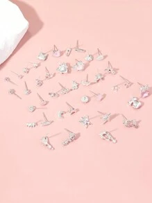 40pcs/Set New Arrival Minimalist Heart, Star, Bowknot And Moon Stud Earrings For Women, Random Shipping As Gifts - Silver - View 3
