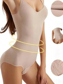 1件女士無縫身形塑造連體衣,具有控制腹部效果和可調節肩帶 - 杏色 - 查看 1