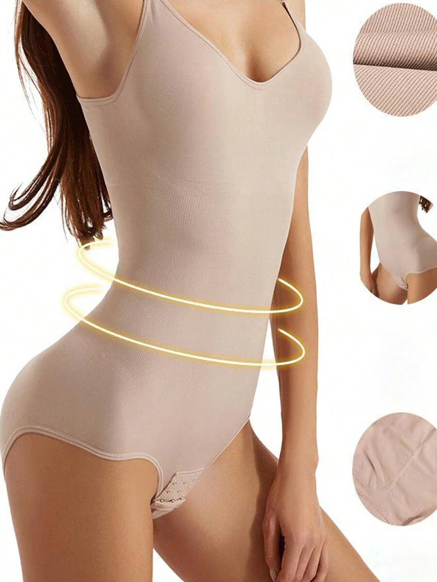 1件女士無縫身形塑造連體衣,具有控制腹部效果和可調節肩帶 - 杏色 - 查看 1