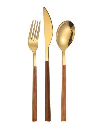 3入組金色不銹鋼餐具套裝,仿木柄,皇家奢華婚禮宴會主菜刀叉匙套裝