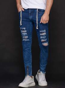 Men Jeans - 深色水洗藍 - 查看 1