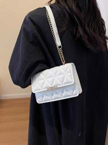 1 件時尚純色壓制紋理翻蓋鏈條迷你單肩包 - 白色 - 查看 5
