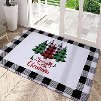 1pc Black & White Plaid Bordered Christmas Tree Doormat, Odorless Thick Absorbent Non-Slip Christmas Rug, Outdoor Entrance Mat, Suitable For Christmas Decoration In Living Room, Bedroom, Kitchen, Entryway, Multiple Styles Available For Party, Holiday, Gift-Giving