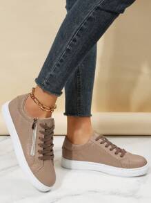 Women's Casual Sneakers, Comfortable Lace-up Zipper Side Shoes - Apricot - View 2