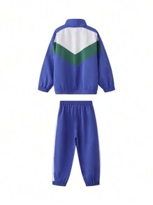 Annil 少女春秋裝休閒對比顏色長袖運動套裝藍色