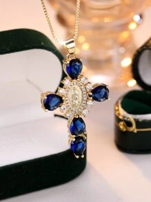Tsnamer 1件复古椭圆形圣母玛利亚立方氧化锆十字架吊坠项链铜饰 - 藍色 - 查看 2
