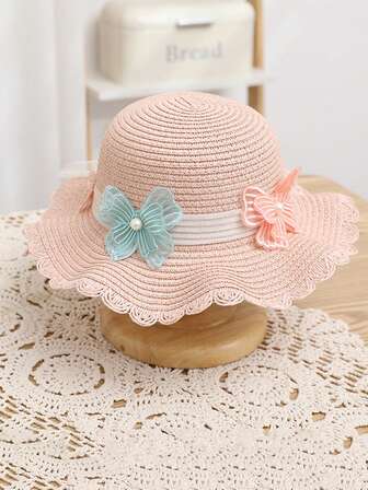 1 件裝女孩公主風格遮陽帽,蝴蝶、荷葉邊和網眼設計,非常適合日常佩戴、海灘或戶外活動