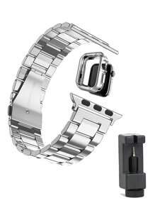 2 Pcs/Set Watch Band And Watch Case Compatible With Rugged Men's Outdoor Smartwatches, Fits Ultra SE 8 7 6 5 4 3 2 1 Series 38mm 41mm 42mm 44mm 45mm 49mm, For Men And Women, Stainless Steel Metal Strap And TPU Soft Hollow Watch Case In Gold, Black, Silver