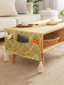 簡約風格有口袋桌布,日式波浪設計,杏黃色,四角流蘇,聚酯材質材質,適合室內使用 - 黃色 - 查看 2