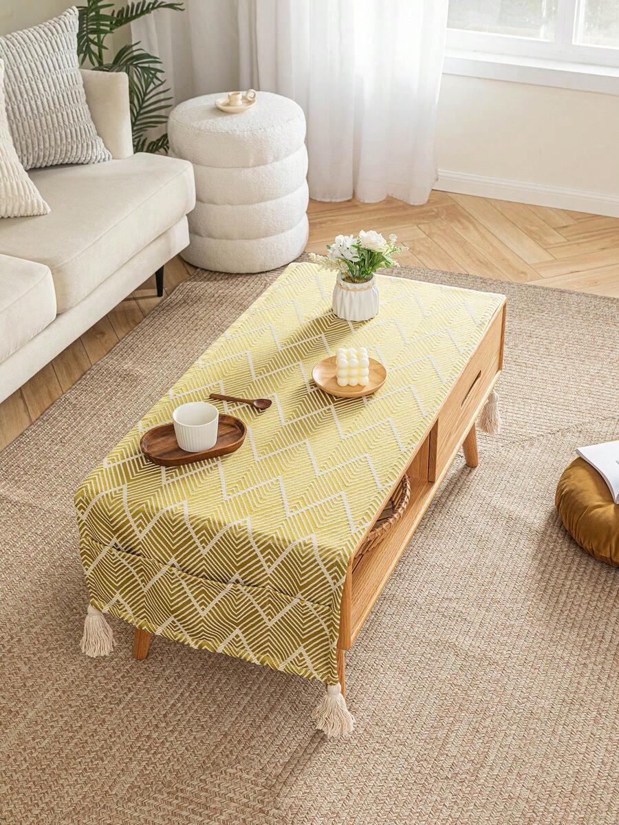 簡約風格有口袋桌布,日式波浪設計,杏黃色,四角流蘇,聚酯材質材質,適合室內使用 - 黃色 - 查看 1