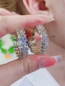 MESTILO 2pcs Stylish Metallic Rhinestone Arrow & Leaf Design Hoop Earrings Suitable For Women's Daily Wear - Gold - View 3