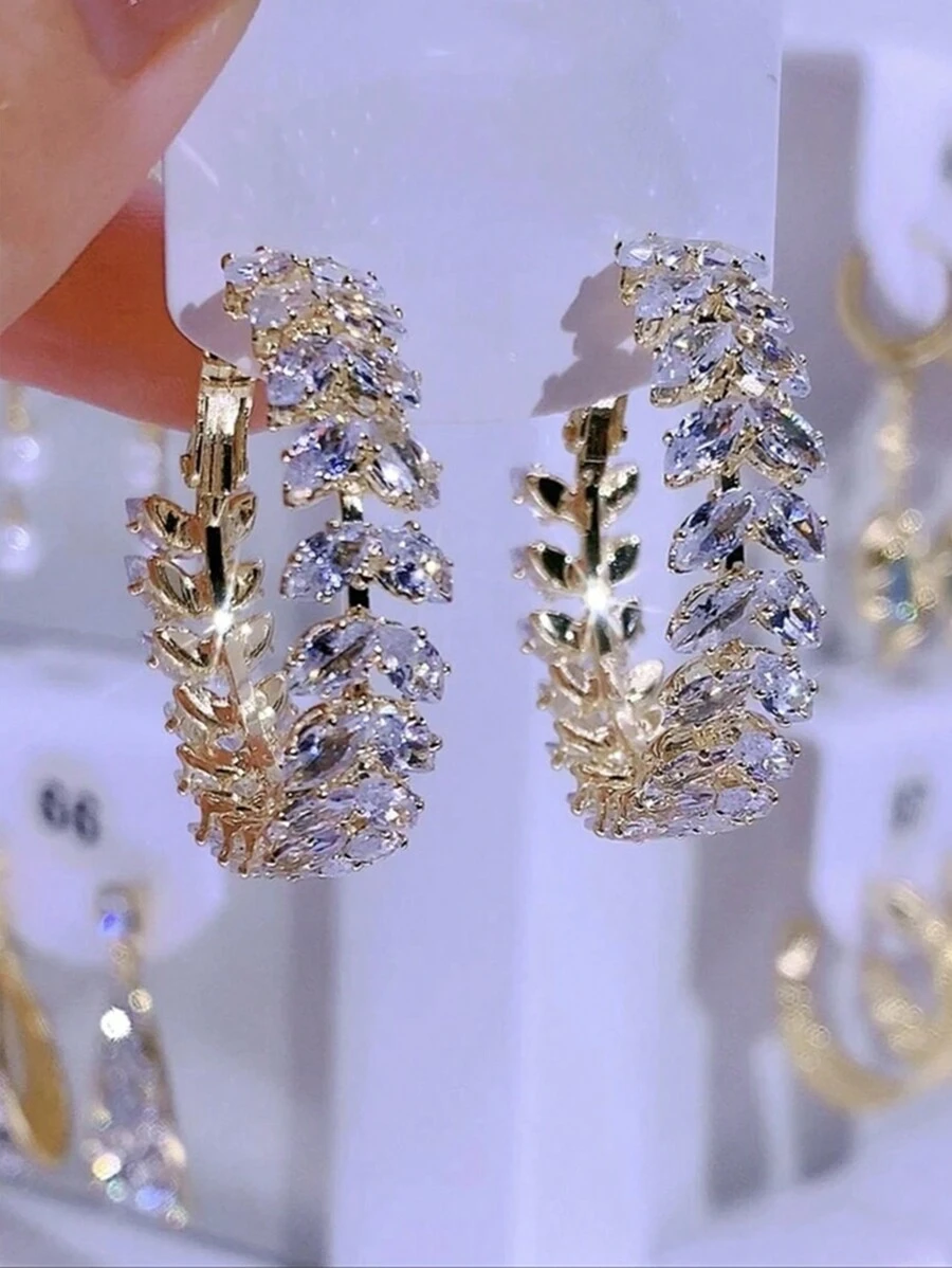 MESTILO 2pcs Stylish Metallic Rhinestone Arrow & Leaf Design Hoop Earrings Suitable For Women's Daily Wear - Gold - View 1