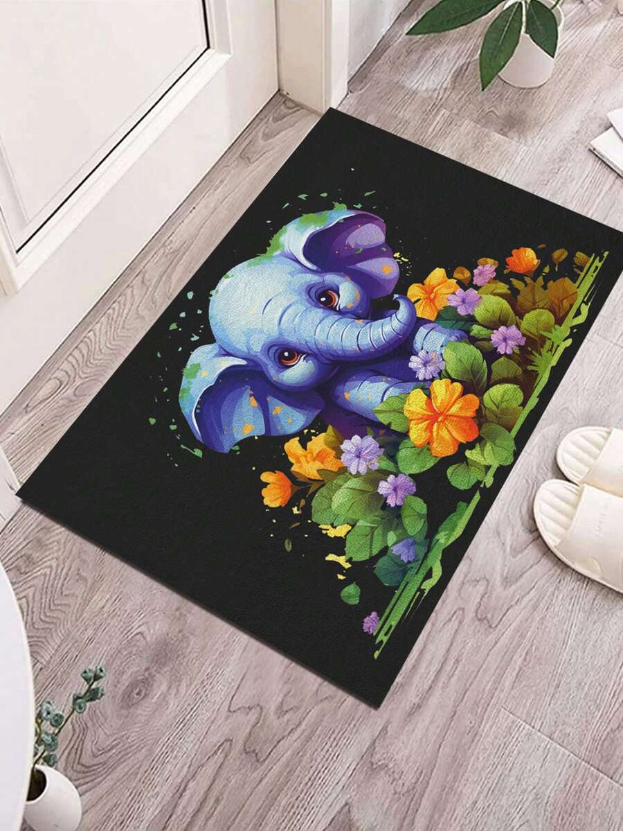 1pc Elephant Printed Cartoon Style Polyester Fiber Rectangle Door Mat, Suitable For Living Room Home Use - Multicolor - View 1