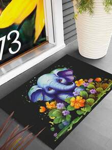 1pc Elephant Printed Cartoon Style Polyester Fiber Rectangle Door Mat, Suitable For Living Room Home Use - Multicolor - View 3