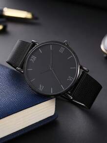 1pc Men's Stainless Steel Mesh Strap Fashion Business Calendar Quartz Watch Suitable For Daily Decoration As A Gift For Students Returning To School