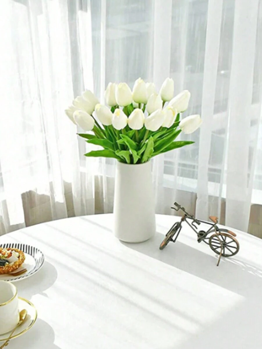 10入組白色鬱金香人工花,塑料乾花花束,適用於家居裝飾客廳餐桌擺設 - 白色 - 查看 1