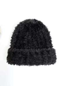 1入組女式黑色柔軟毛茸茸休閒無簷小便帽帶鬆緊帶適合秋冬日常休閒保暖 - 黑色 - 查看 3