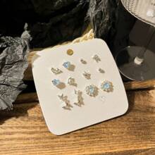 6 Pairs/set Crystal Heart & Butterfly Design Stud Earrings For Women For Party or Daily - Baby Blue - View 5