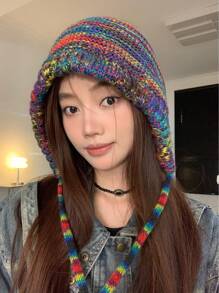 波西米亚风 1 件装女式可爱甜美多色彩虹条纹针织帽，带渐变冬季秋季 - 彩色 - 查看 3