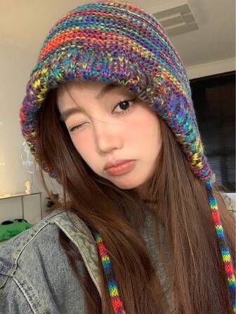 หมวกถักหญิง Boho ลายรุ้งสีหลากสีที่น่ารักและหวานชิ้นเดียวพร้อมเกรเดียนต์สำหรับใส่ในฤดูหนาวและฤดูใบไม้ร่วง
