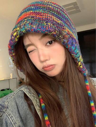 波西米亚风 1 件装女式可爱甜美多色彩虹条纹针织帽，带渐变冬季秋季