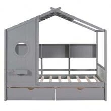 Wooden Twin Size House Bed With 2 Drawers,Kids Bed With Storage Shelf, Gray - Grey - View 5